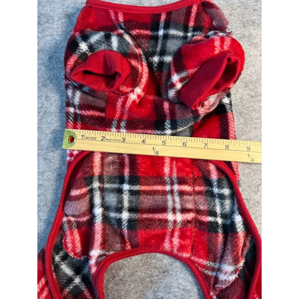 Red Plaid Fleece Dog Pajamas Medium Soft Warm‎ Pet One-Piece Sleepwear PJs